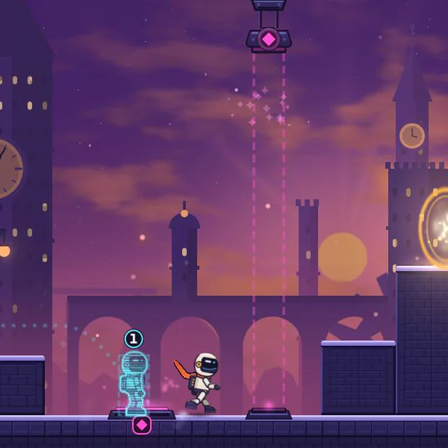 Level 1-1 “First Echo”: the player anchors on the plate, time rewinds and the echo holds the door open